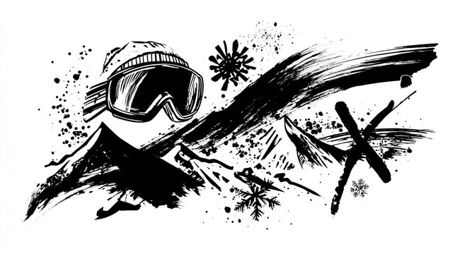 A stylized black-and-white illustration featuring mountains, a ski mask, snowflakes, and dynamic brush strokes, embodying winter sports and adventure.