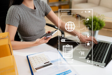 online shopping concept, woman shopping online is a form of electronic commerce from a seller over internet.