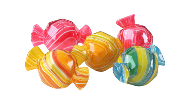 Group of Five Striped Wrapped Candies in Various Colors on Black Background