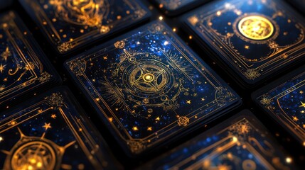 Detailed Tarot Cards Design with Golden Ornate Symbolism and Nebula Background
