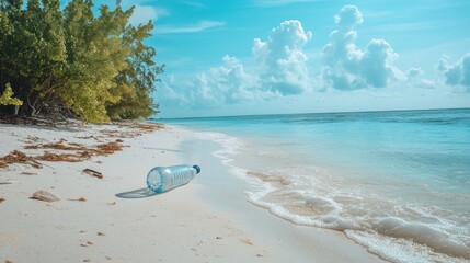 Plastic bottle pollutes pristine tropical beach with azure ocean and lush green foliage