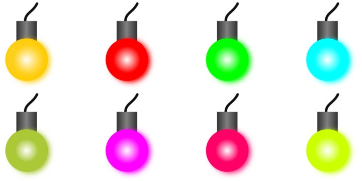 A vibrant collection of eight glowing, colorful Christmas light bulbs arranged in two rows on a white background.