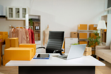 Workplace with notebook laptop and coffee cup Comfortable work table in office.