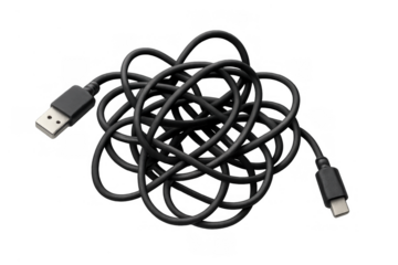 Tangled black usb-a to usb-c cable creating a messy knot, representing data chaos and connection issues, transparent background