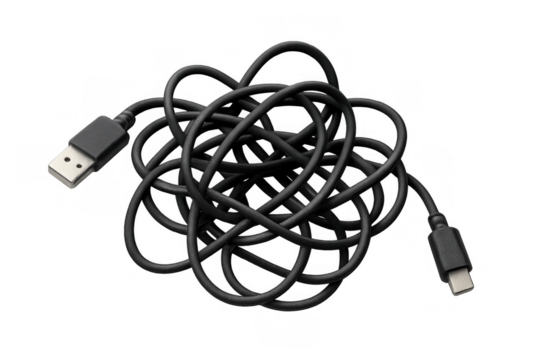 Tangled black usb-a to usb-c cable creating a messy knot, representing data chaos and connection issues, transparent background