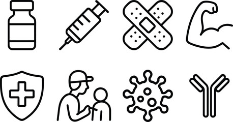 Vaccination and Health Icon Set, Medical Line Icons, Immunity Icons, Virus Icon Set – Black Line Symbols of Vaccine, Syringe, Immunity, Antibodies, and Virus for Medical and Educational Use