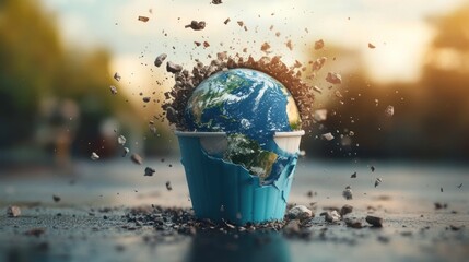 Fragile Earth shatters from blue container symbolizing environmental crisis and pollution impact