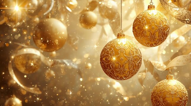 Elegant gold Christmas ornaments with sparkling lights creating a festive and luxurious holiday ambiance for your seasonal designs and joyful celebration
