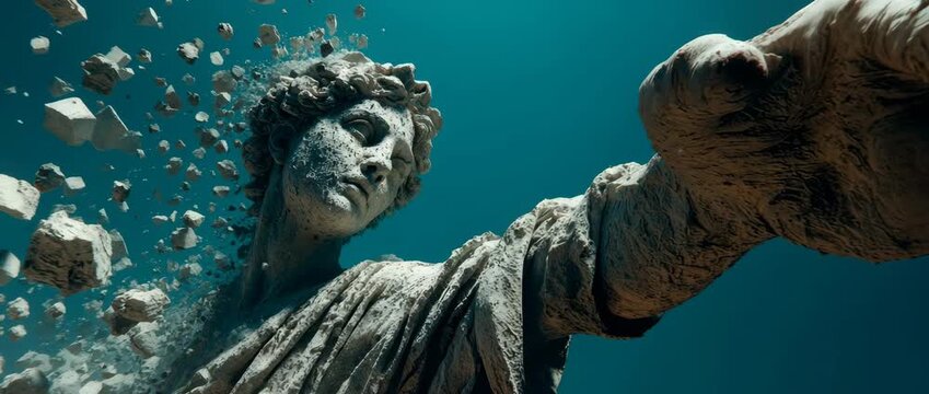 Ancient stone statue arm disintegrating into fragments