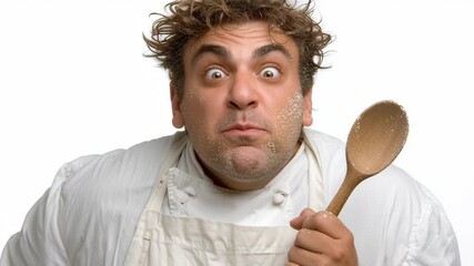 Chef with messy hair and flour on face, expressing surprise while holding wooden spoon, showcasing excitement in culinary creation, camera zooms in on expression