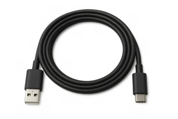 Black usb-a to usb-c cable coiled, showing connectors for power and data transmission on a transparent background