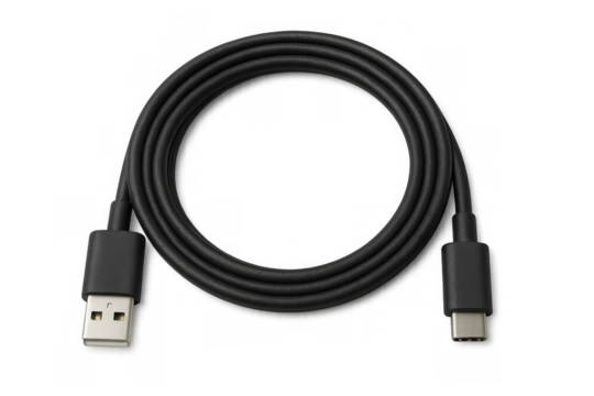 Black usb-a to usb-c cable coiled, showing connectors for power and data transmission on a transparent background