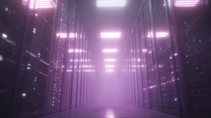 Long corridor in a data center. the corridor is lined with rows of servers on both sides, each with a unique design.