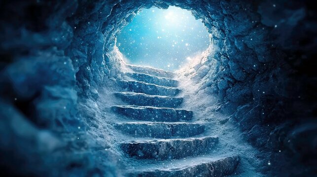 A set of stone steps covered in snow ascends from a dimly lit cave towards a bright, ethereal opening filled with light and stars.