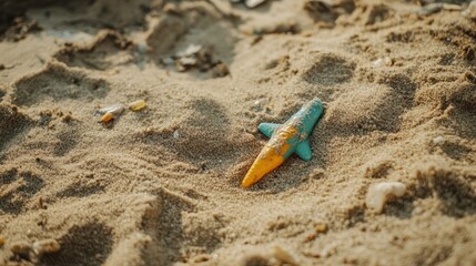 Tiny airplane toy abandoned on sunny beach sand evoking childhood wonder and adventure