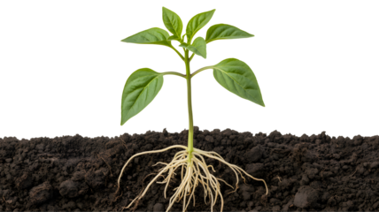 Healthy young green plant with visible root system growing in dark soil isolated on transparent background