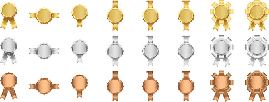 Vector collection of blank gold, silver, and bronze award medals with ribbons for winners and sport competitions. Luxury set of glossy award ribbons and seals for best seller marketing.