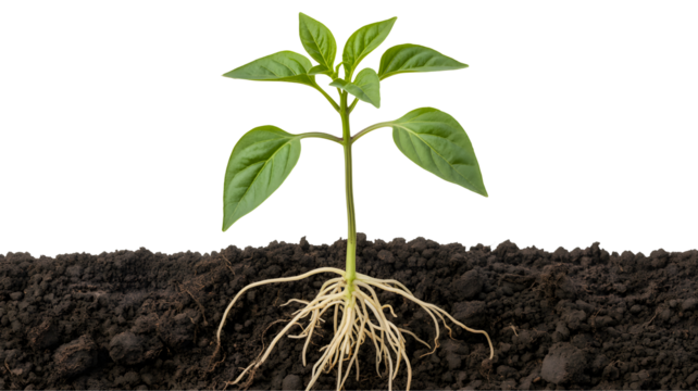 Healthy young green plant with visible root system growing in dark soil isolated on transparent background