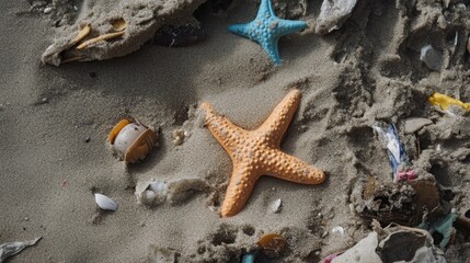 Vibrant starfish and shells scattered on textured beach sand, a captivating close-up of coastal treasures