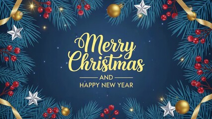 Merry christmas and happy new year greeting card design with festive border of pine branches, gold ornaments, silver star, and red berry on dark blue background - Powered by Adobe