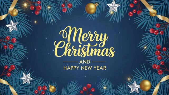 Merry christmas and happy new year greeting card design with festive border of pine branches, gold ornaments, silver star, and red berry on dark blue background