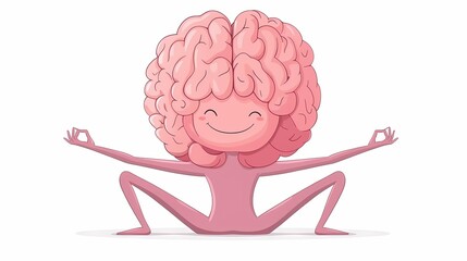 Anthropomorphic brain character performing a squatting meditation pose with hands in a mudra