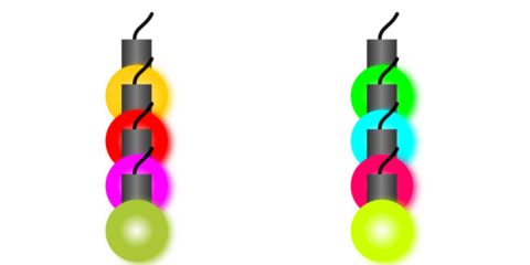 Two vertical strings of colorful, glowing Christmas lights with different colored bulbs isolated on a white background.