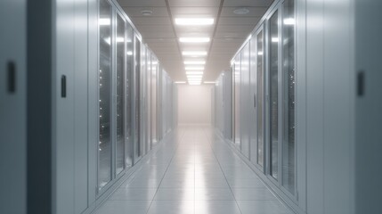 Long corridor in a data center. the corridor is long and narrow, with rows of glass doors on either side. the doors are closed, and the floor is made of white tiles.