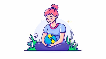 Young woman cradles a small representation of the terrestrial sphere while sitting peacefully among foliage