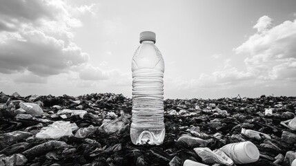 Single plastic bottle stands amidst vast landfill wasteland highlighting pollution crisis and environmental impact