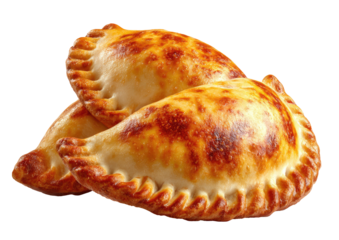 Baked, golden-brown empanadas stacked. Crisped pastries