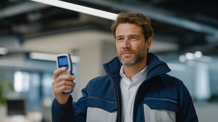 A high-tech HVAC technician using a handheld airflow meter near a ceiling vent, digital readings glowing against the modern office interior — indoor air quality, efficient climate control, and