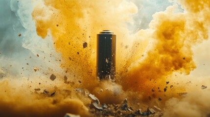 Powerful explosion engulfs battery in dramatic dust cloud, symbolizing energy and impact