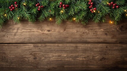 Festive evergreen boughs with bright berries and warm lights on rustic wood create a classic holiday background for your seasonal designs