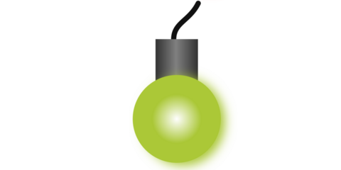A single, glowing lime green light bulb with a black cord, isolated on a white background.
