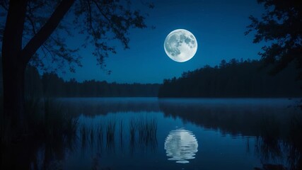 Serene moonlit landscape reflecting in calm lake water surrounded by lush forest and tall grass with soft blue tones and bright moon illuminating tranquil night setting