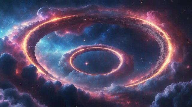 Stunning cosmic imagery of swirling rings of glowing nebulas illuminated by vibrant purple and orange hues set against a backdrop of dark textured clouds in a celestial space environment