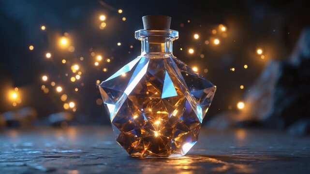 Close-up of a sparkling glass potion bottle with geometric facets and warm light reflections surrounded by glowing sparks on a dimly lit stone surface in a fantasy setting