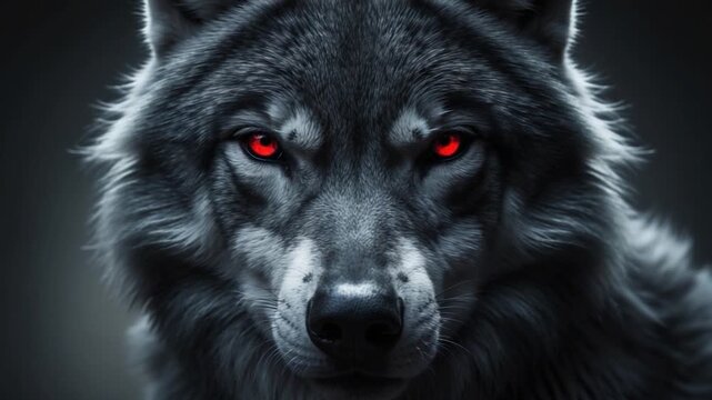 Close-up of a fierce gray wolf with glowing red eyes staring intently dark monochrome background highlighting its thick fur and strong presence showcasing detailed textures and dramatic lighting