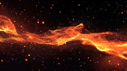 Abstract fiery stream of particles flowing in a dark ethereal space scene
