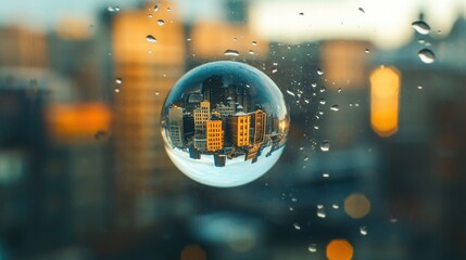 See the world differently through a crystal ball reflecting a vibrant cityscape with golden hour light