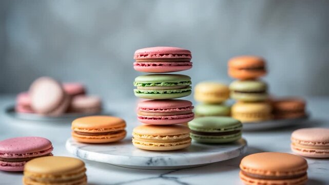Colorful macarons stacked attractively on a marble surface surrounded by assorted macarons highlighted by soft natural light and a smooth minimal gray background