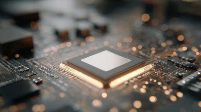 Close-up of a computer chip on a circuit board. the chip is rectangular in shape and has a white square in the center.