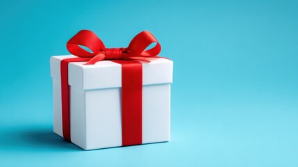 Obraz premium A white gift box with a red ribbon sits against a bright blue background, symbolizing celebration and surprise.
