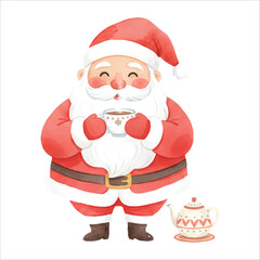 Santa Claus Drinking Tea Vector Christmas Illustration Isolated on White Background

