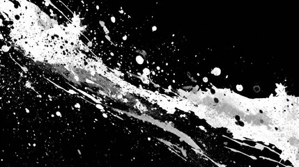 Abstract black and white splatter design, featuring dynamic paint strokes and droplets creating a dramatic visual effect.