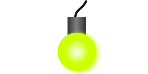 A single glowing lime green light bulb with a grey base and black wire on a white background.