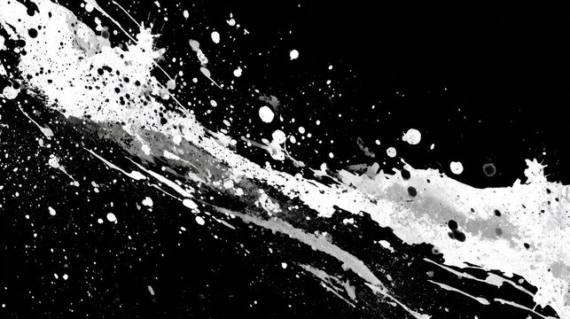 Abstract black and white splatter design, featuring dynamic paint strokes and droplets creating a dramatic visual effect.