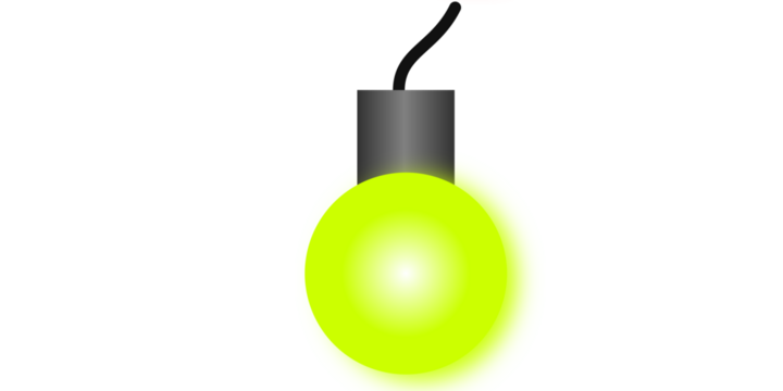 A single glowing lime green light bulb with a grey base and black wire on a white background.
