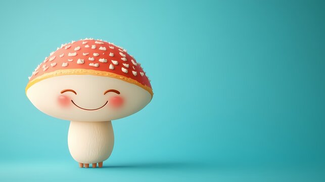 Whimsical three dimensional rendering features a cheerful smiling fungus character against a solid blue background